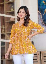 Mustard Yellow Floral Printed Cotton Short Kurti