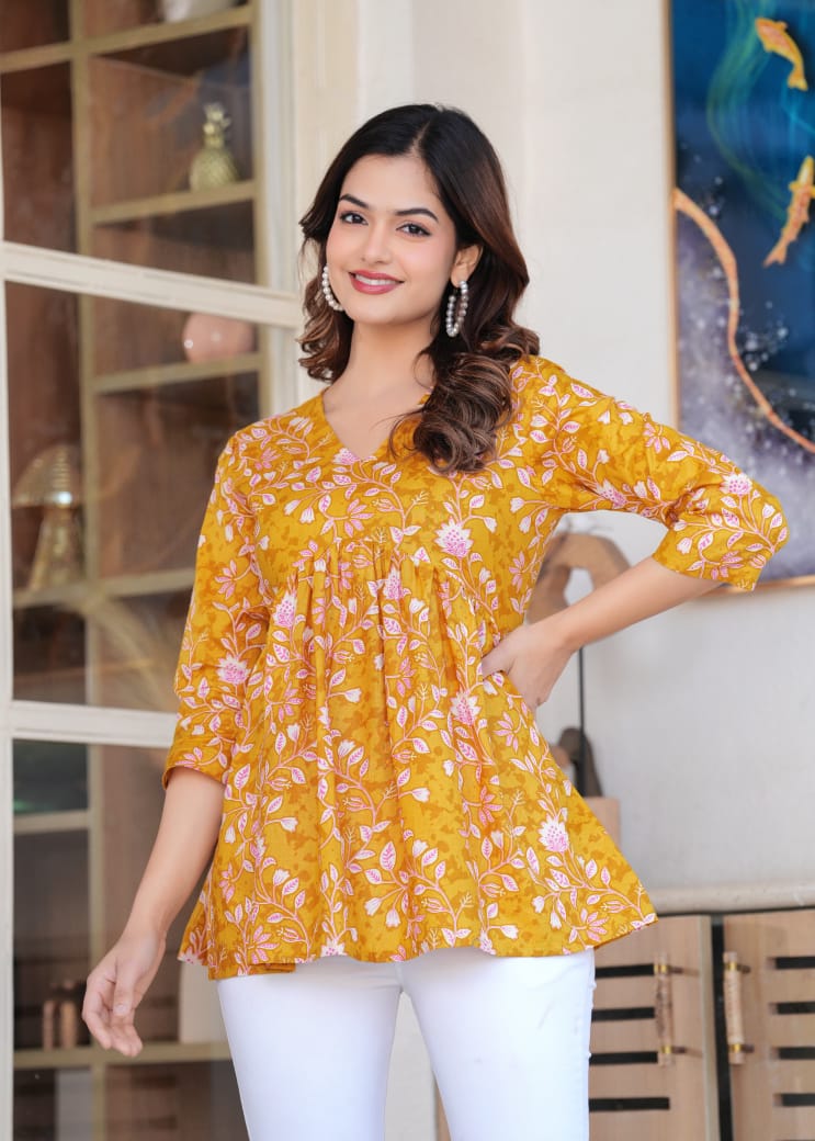 Mustard Yellow Floral Printed Cotton Short Kurti