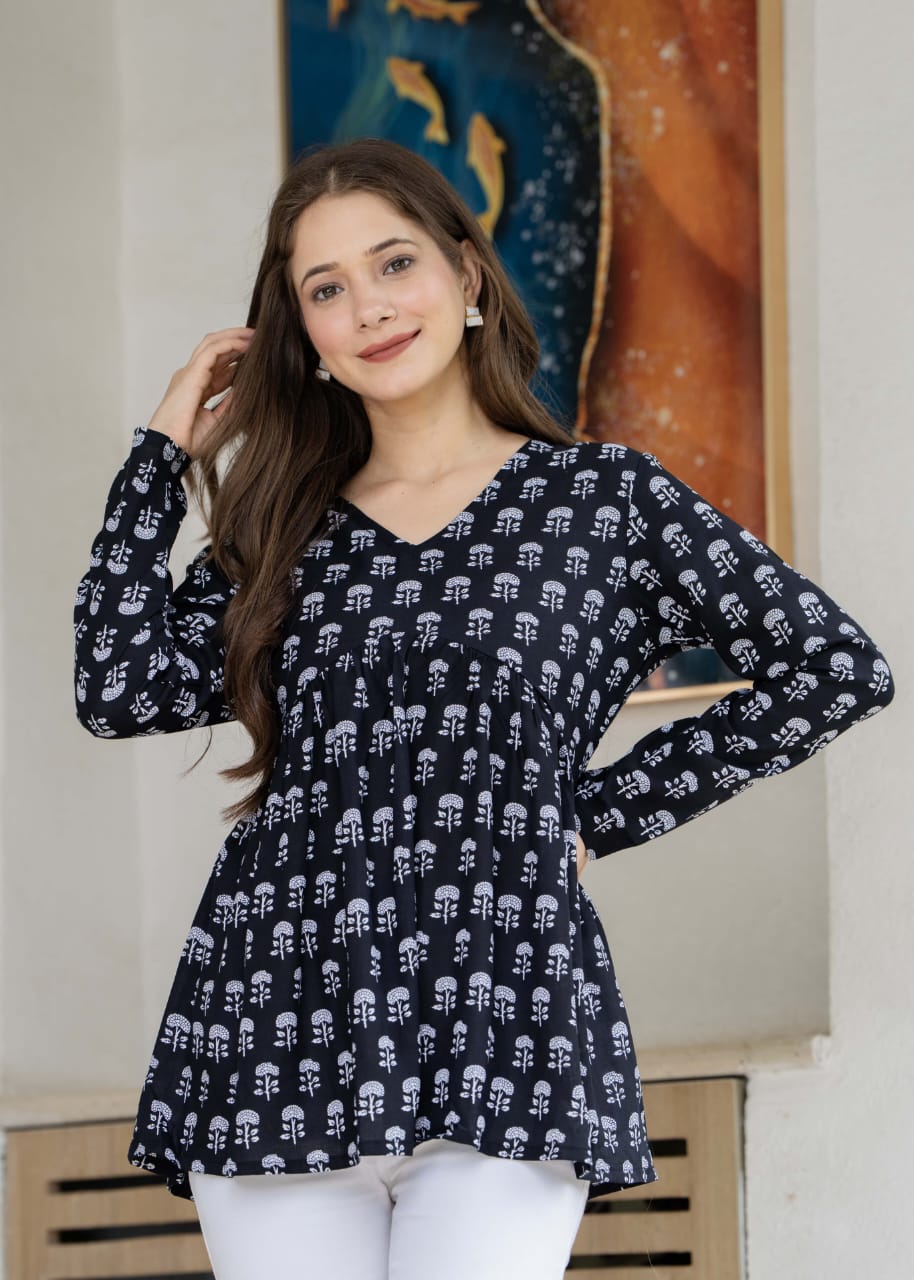 Black & White Block Print Cotton Short Kurti / Gathered Peplum Ethnic Top