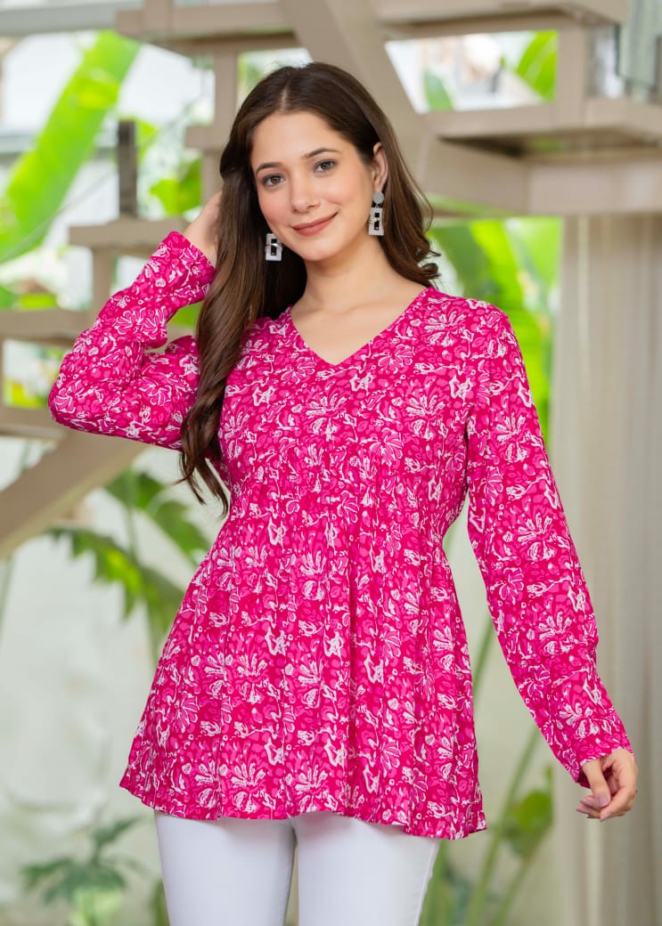 Rani Pink & White Floral Print Cotton Gathered Short Kurti / Peplum Top