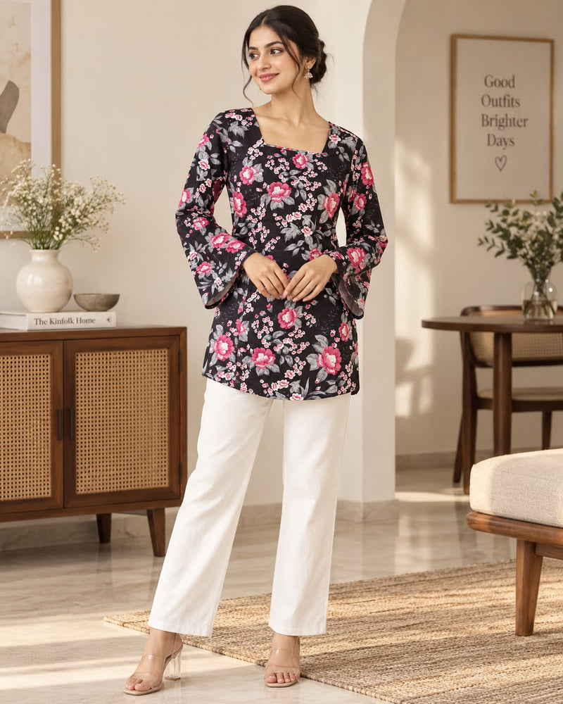 Black Floral Print Square Neck Bell Sleeve Tunic Top