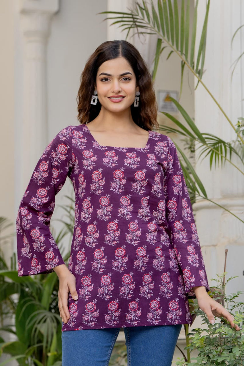 Purple Floral Print Square Neck Bell Sleeve Tunic Top