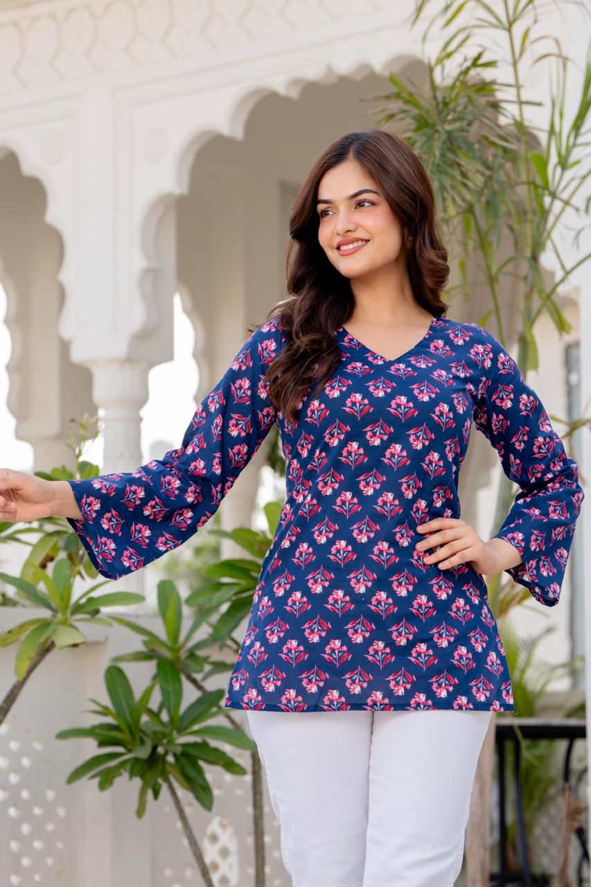 Navy Blue Floral Print V-Neck Bell Sleeve Tunic Top