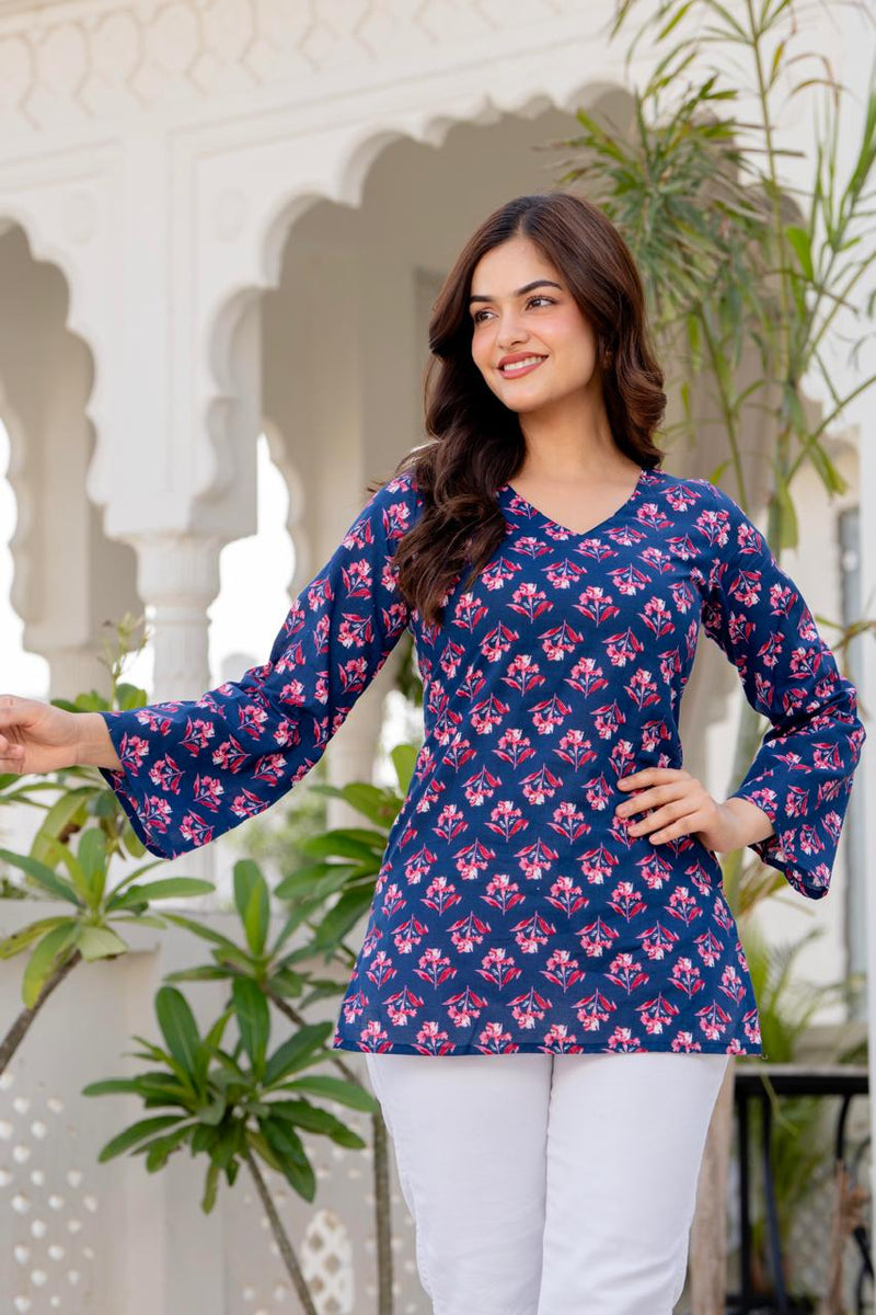 Navy Blue Floral Print V-Neck Bell Sleeve Tunic Top