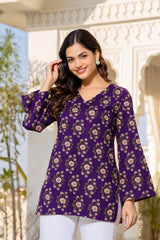 Purple Floral Print V-Neck Bell Sleeve Tunic Top