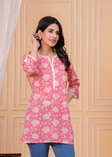 Women's Pink Floral Printed Cotton Short Kurti with Lace Detail
