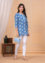Women's Blue Floral Printed Cotton Short Kurti with Lace Detail
