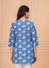 Women's Blue Floral Printed Cotton Short Kurti with Lace Detail