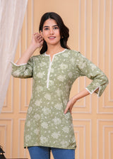 Women's Sage Green Floral Printed Cotton Short Kurti with Lace Detail