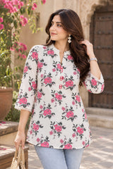 Women's White & Pink Floral Printed Cotton Short Tunic Kurti