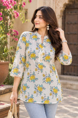 Women's Off-White & Yellow Floral Printed Cotton Short Tunic Kurti