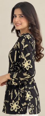 Black & Cream Botanical Print Short Kurti