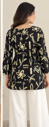 Black & Cream Botanical Print Short Kurti