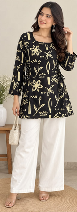 Black & Cream Botanical Print Short Kurti