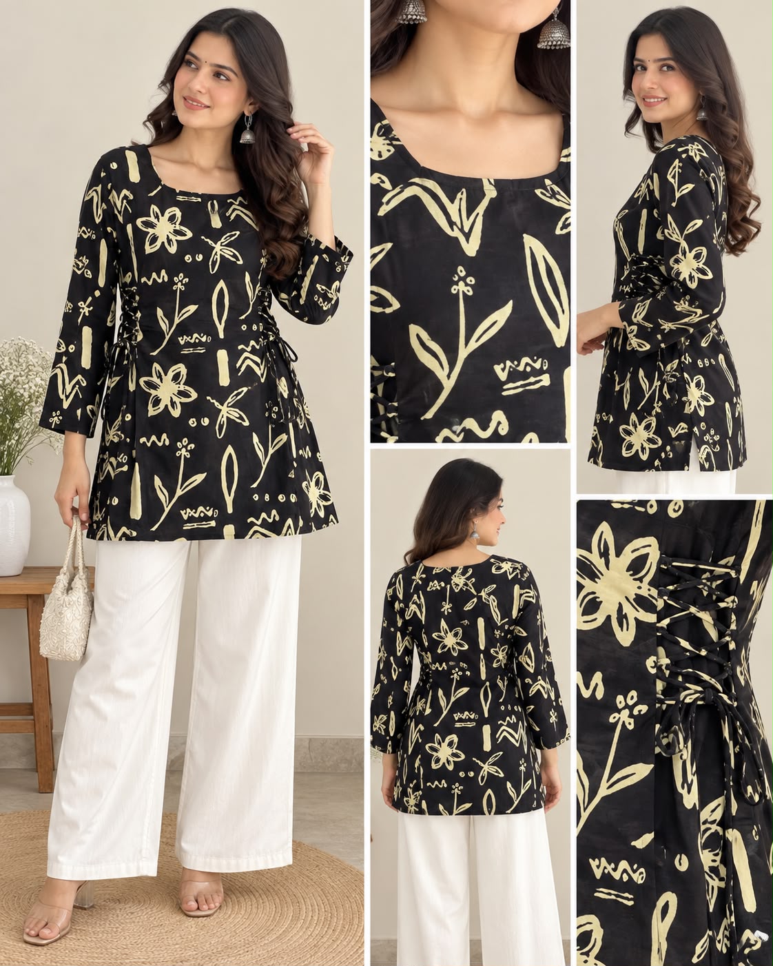 Black & Cream Botanical Print Short Kurti