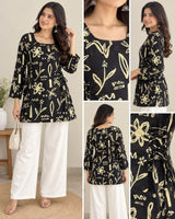 Black & Cream Botanical Print Short Kurti