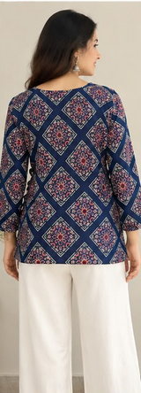 Blue Geometric Ethnic Printed Short Kurti
