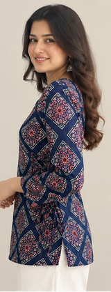 Blue Geometric Ethnic Printed Short Kurti