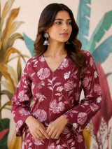 Product Title: Women's Maroon / Wine Floral Printed Cotton Kurti