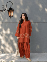 Rust Heart Embroidery Kurti & Bottom Set