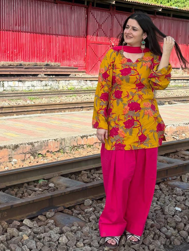 Mustard Yellow & Bright Pink Floral Short Kurti Salwar Set with Dupatta
