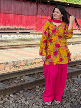 Mustard Yellow & Bright Pink Floral Short Kurti Salwar Set with Dupatta