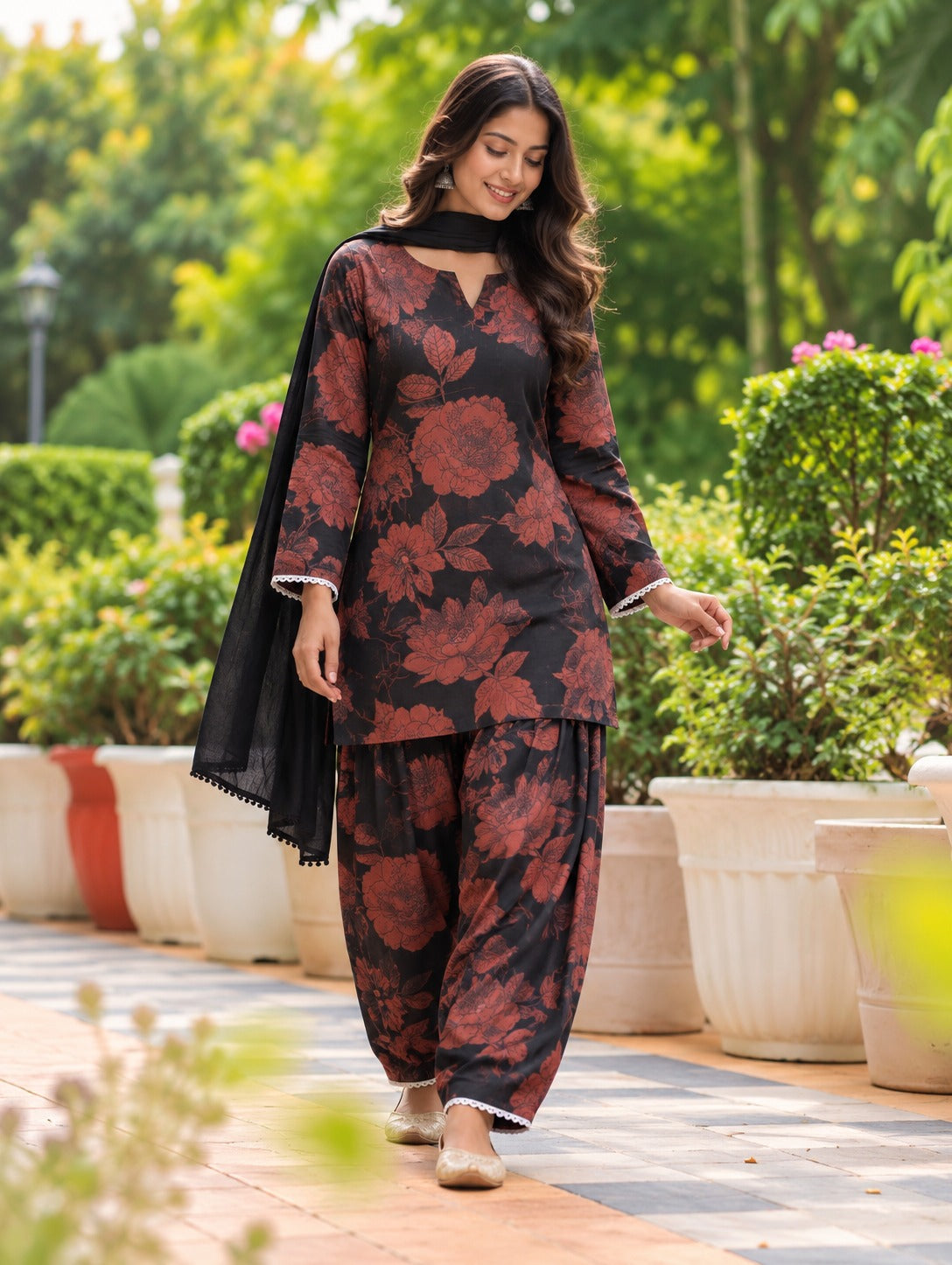 Black & Rust Floral Printed Salwar Suit Set with Dupatta