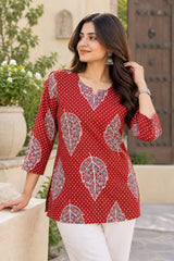 Women Maroon & White Block Print Cotton Short Kurti