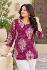 Women Purple & Gold Printed Cotton Short Kurti