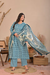 Teal Blue Floral Block Printed Pure Cotton Kurta Set with Trousers & Dupatta