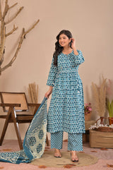 Teal Blue Floral Block Printed Pure Cotton Kurta Set with Trousers & Dupatta
