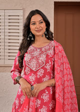 Women's Bright Pink Floral Printed & Yoke Embroidered Cotton Kurta Set with Trousers & Dupatta