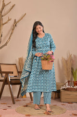Teal Blue Floral Block Printed Pure Cotton Kurta Set with Trousers & Dupatta