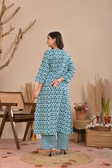 Teal Blue Floral Block Printed Pure Cotton Kurta Set with Trousers & Dupatta