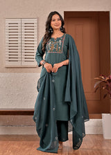 Women's Dark Teal / Bottle Green Embroidered Straight Cotton Kurta Set with Trousers & Dupatta