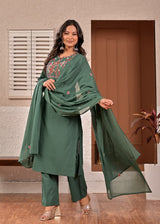 Women's Dark Teal / Bottle Green Embroidered Straight Cotton Kurta Set with Trousers & Dupatta