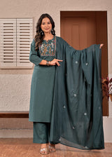 Women's Dark Teal / Bottle Green Embroidered Straight Cotton Kurta Set with Trousers & Dupatta