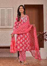 Women's Bright Pink Floral Printed & Yoke Embroidered Cotton Kurta Set with Trousers & Dupatta