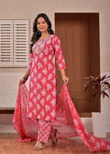 Women's Bright Pink Floral Printed & Yoke Embroidered Cotton Kurta Set with Trousers & Dupatta