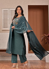 Women's Dark Teal / Bottle Green Embroidered Straight Cotton Kurta Set with Trousers & Dupatta