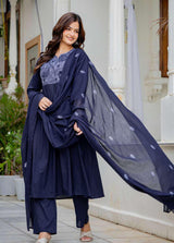 Navy Blue Embroidered 3-Piece Suit Set